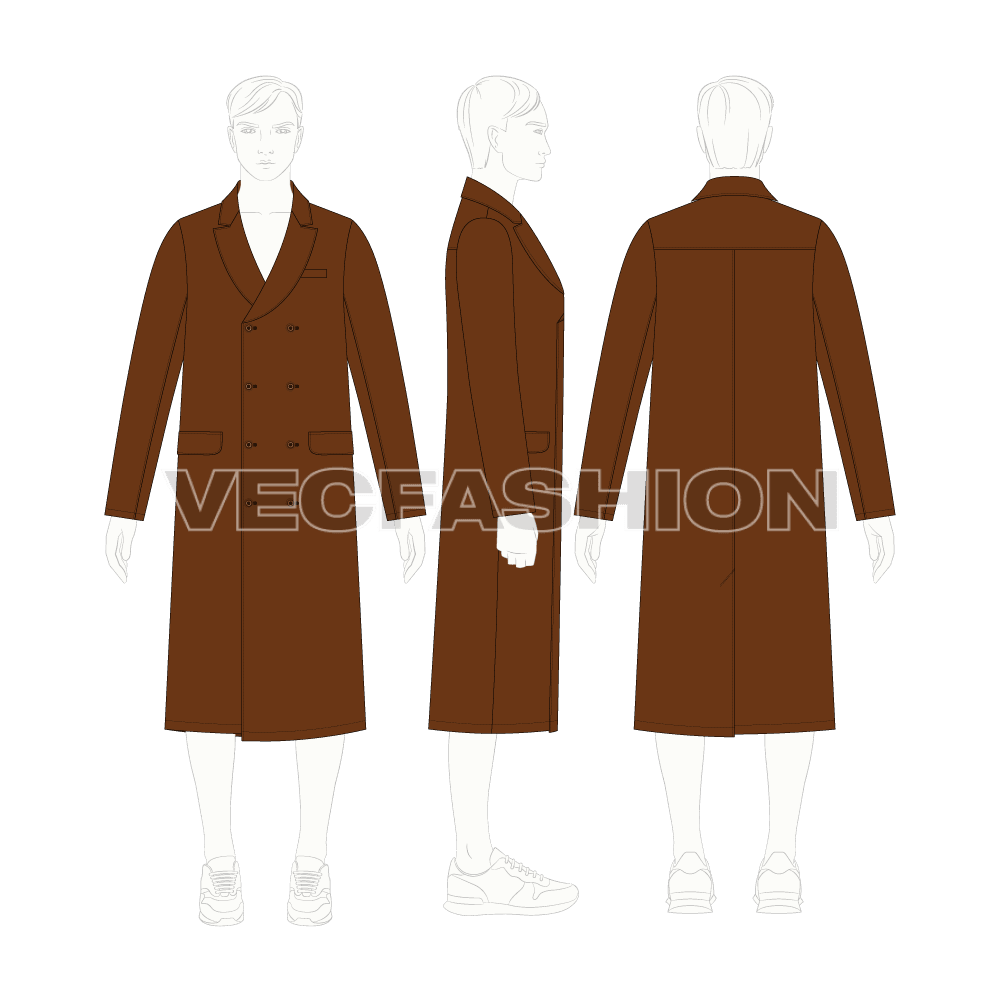 Mens British Warm Coat flat sketch, croqui sketch