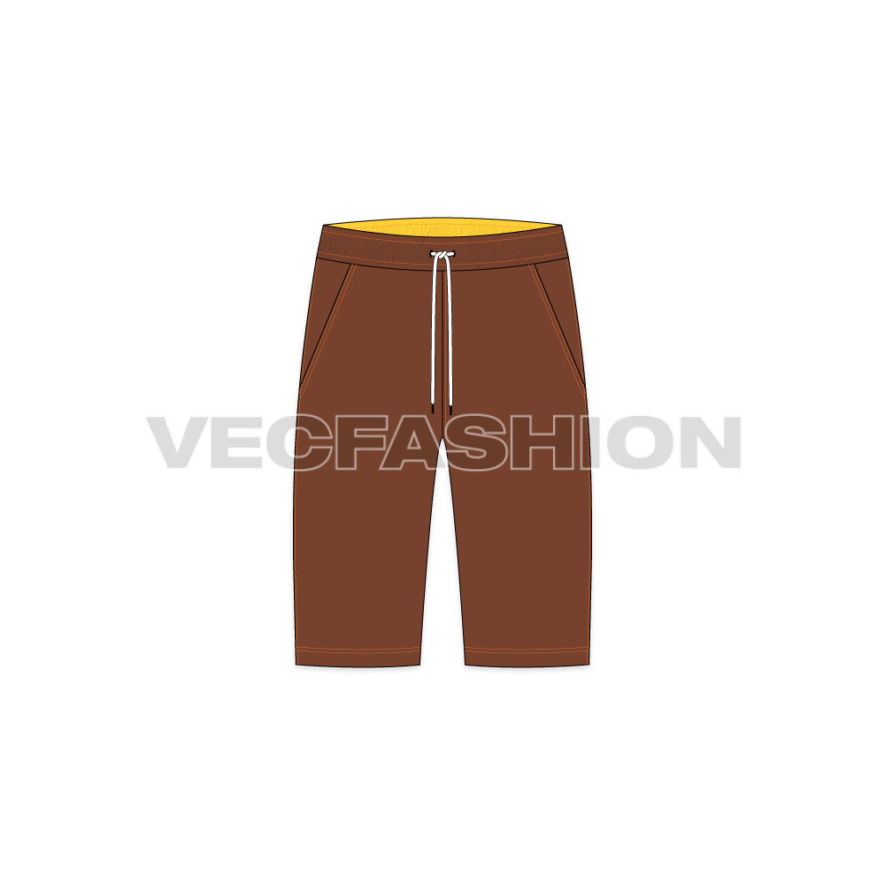 Mens brown bermuda shorts flat sketch, front view