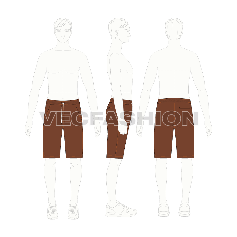 Mens brown bermuda shorts flat sketch, croqui sketch