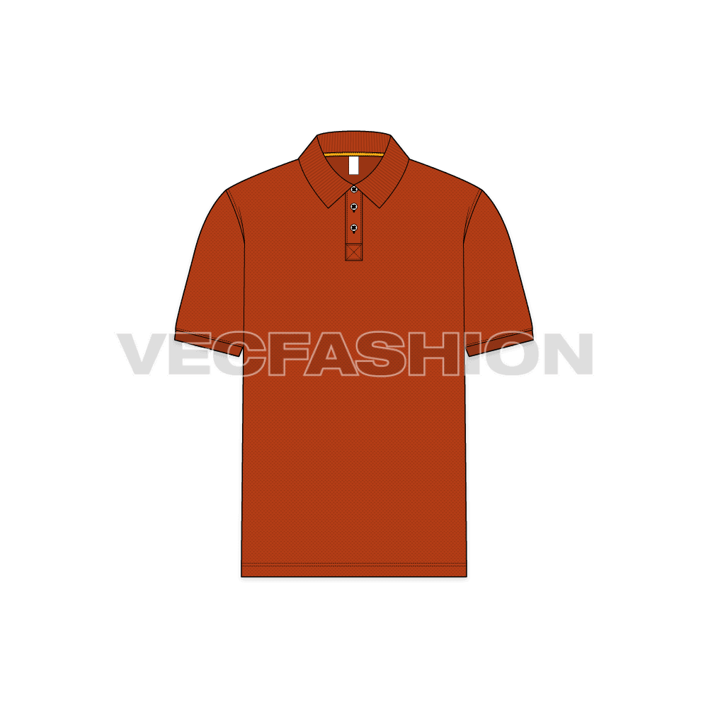 Mens burnt orange classic polo shirt flat sketch, front view