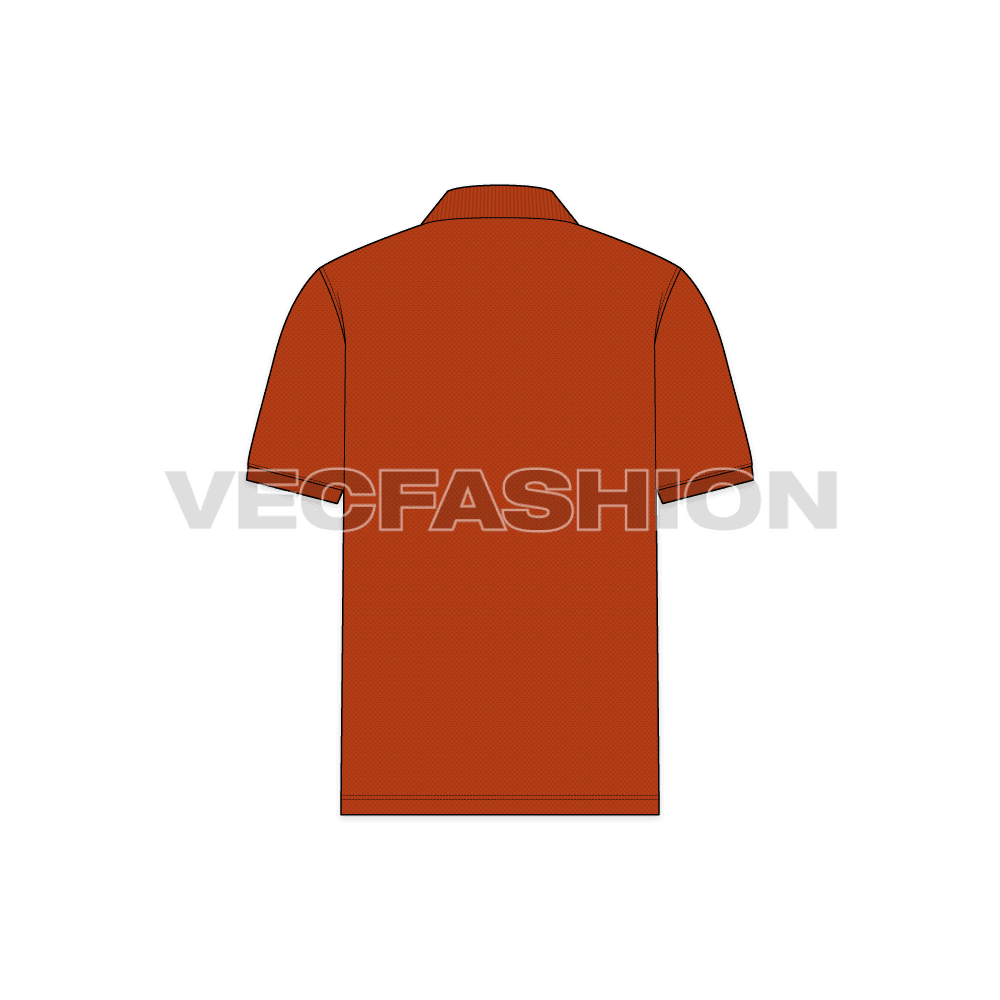 Mens burnt orange classic polo shirt flat sketch, back view