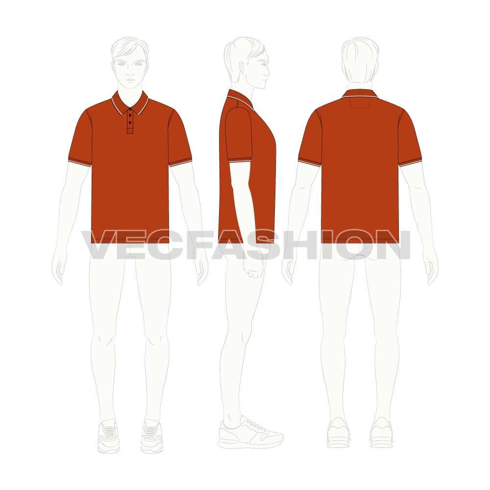 Mens burnt orange polo shirt flat sketch, croqui sketch