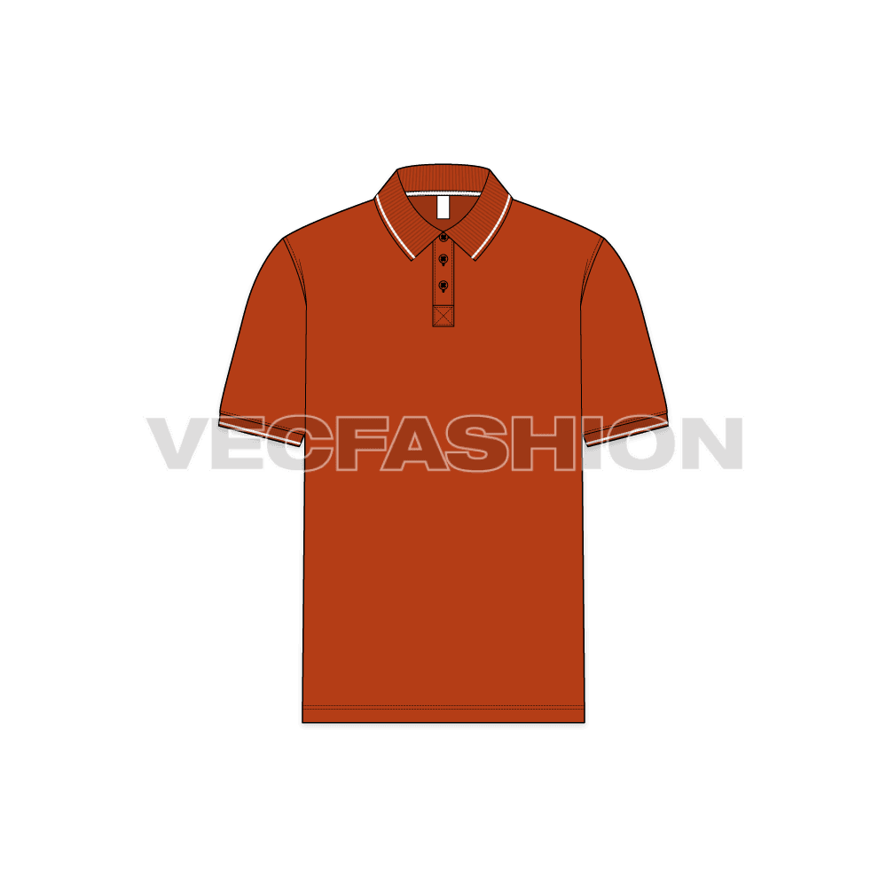 Mens burnt orange polo shirt flat sketch, front view