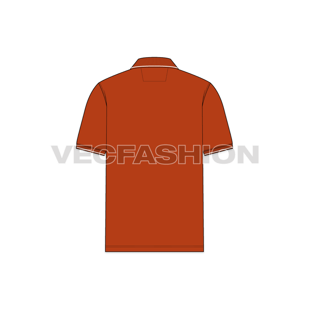 Mens burnt orange polo shirt flat sketch, back view