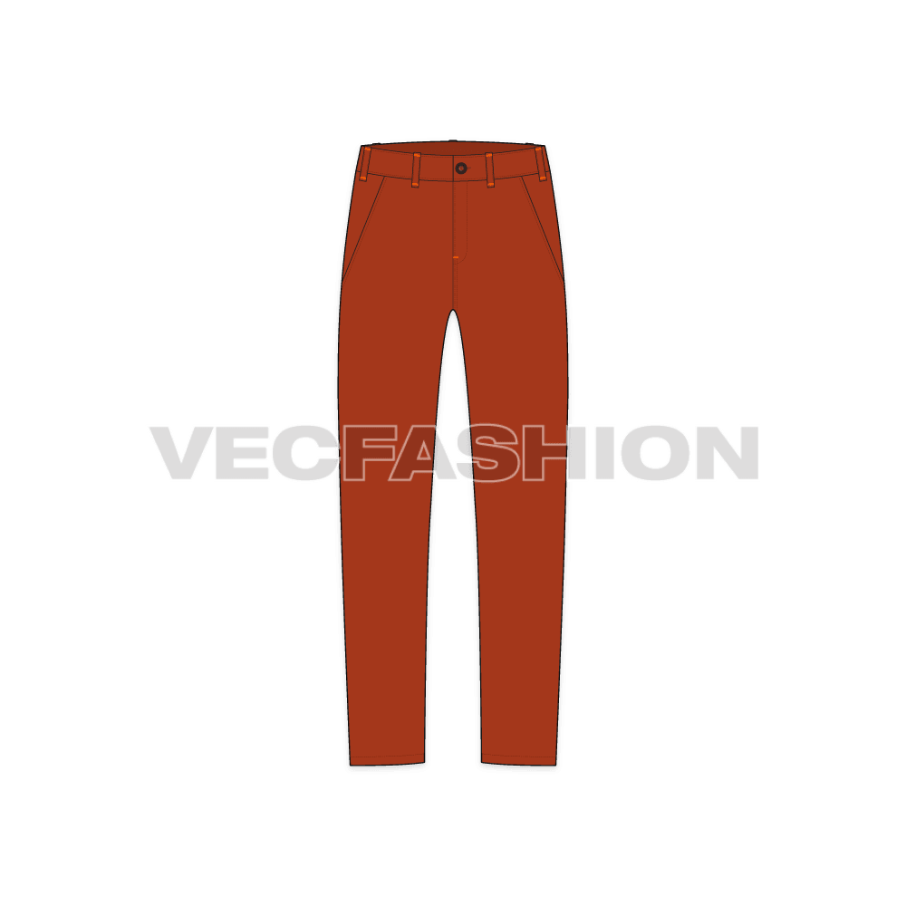Mens burnt orange straight leg chinos flat sketch, front view