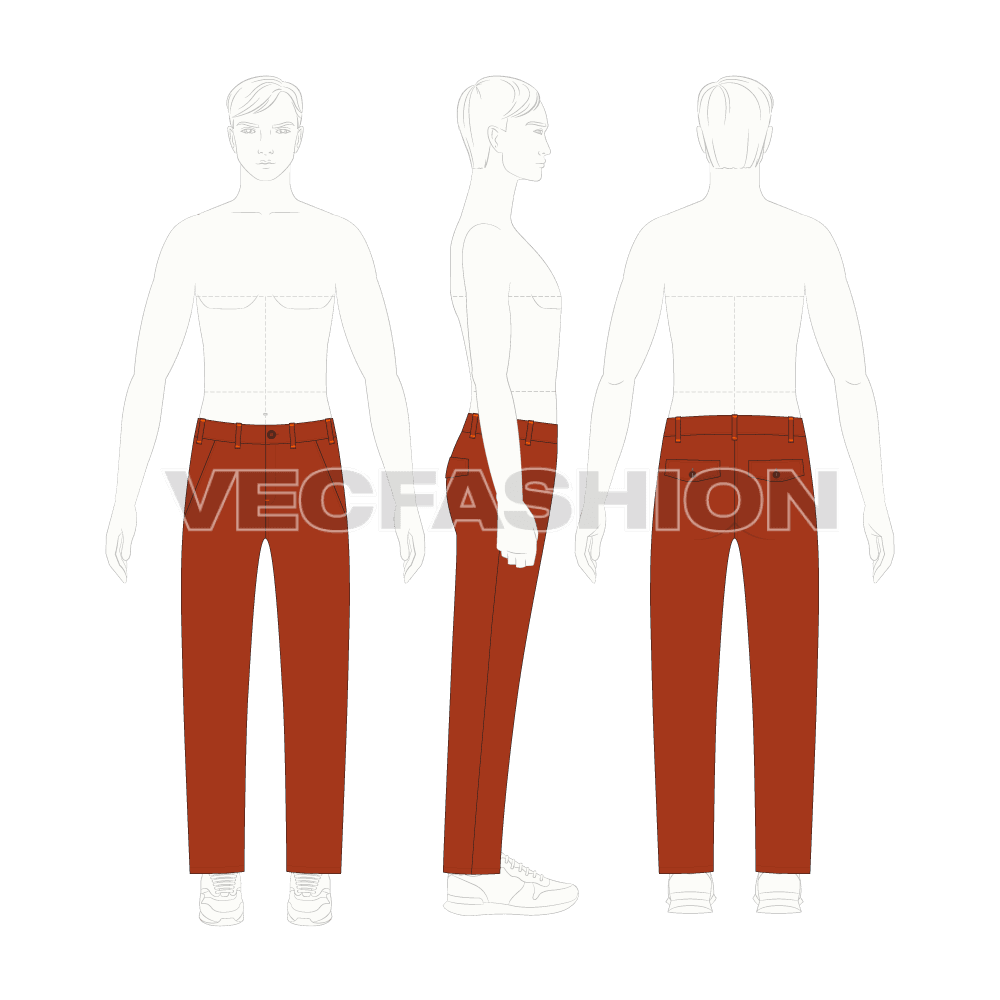 Mens burnt orange straight leg chinos flat sketch, croqui sketch