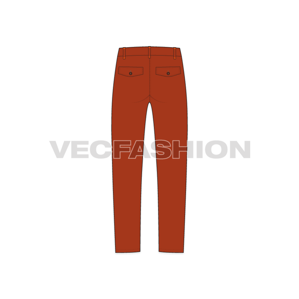 Mens burnt orange straight leg chinos flat sketch, back view