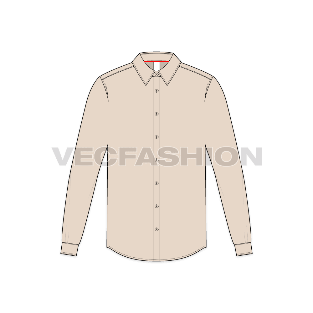 Mens button down dress shirt flat sketch, front view