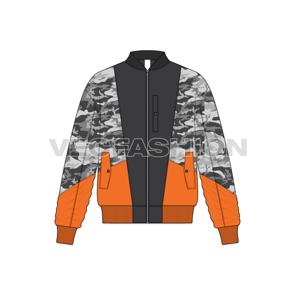 Mens Camo Fashion Jacket flat sketch, front view