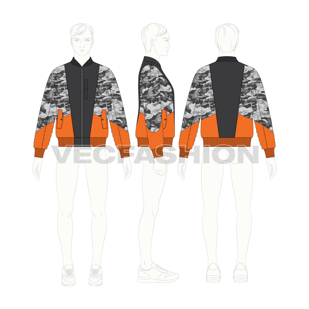 Mens Camo Fashion Jacket flat sketch, croqui sketch