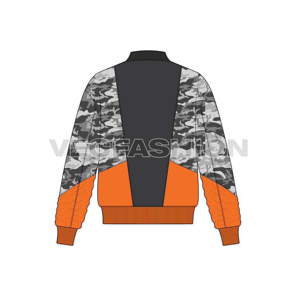 Mens Camo Fashion Jacket flat sketch, back view