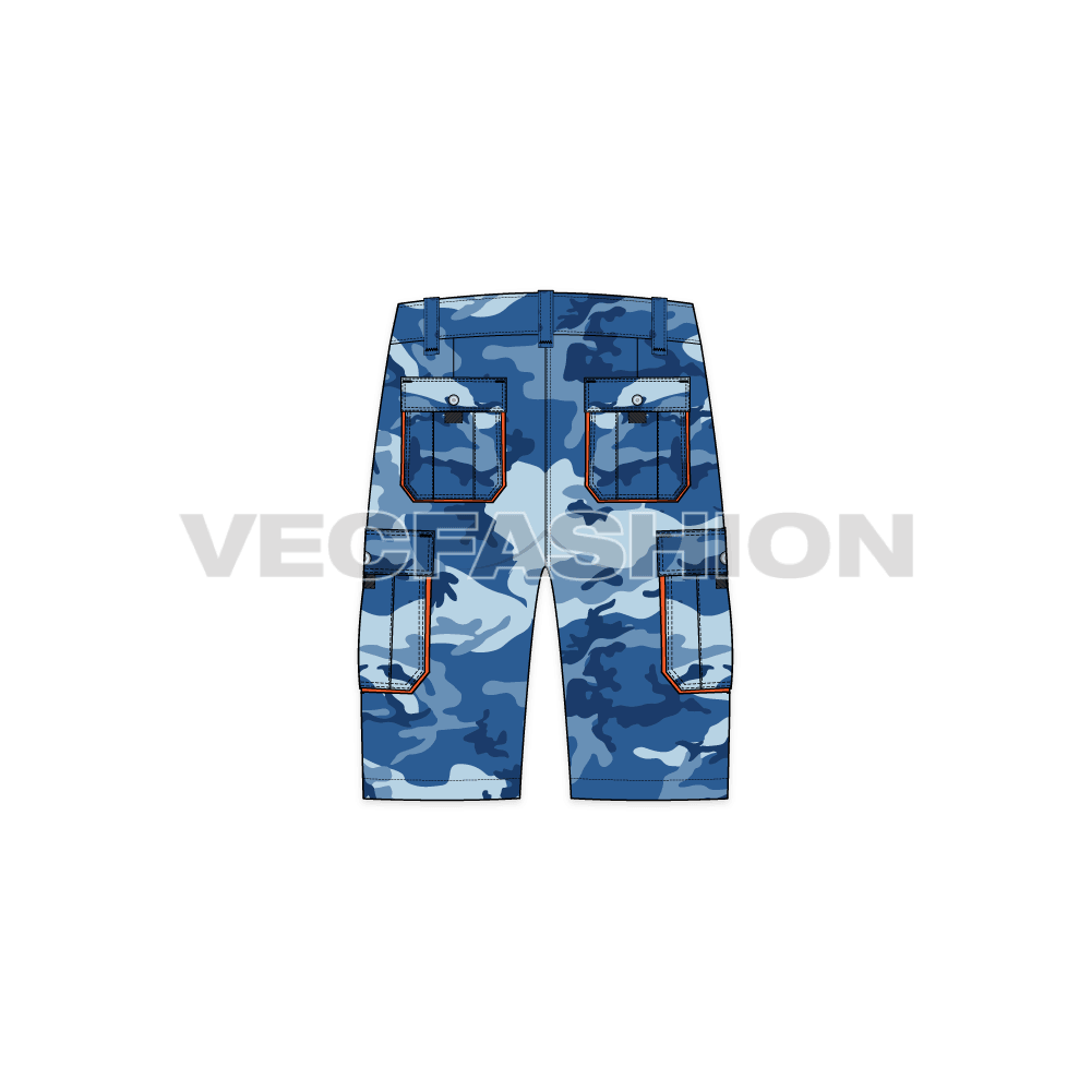 Mens camo cargo shorts flat sketch, back view