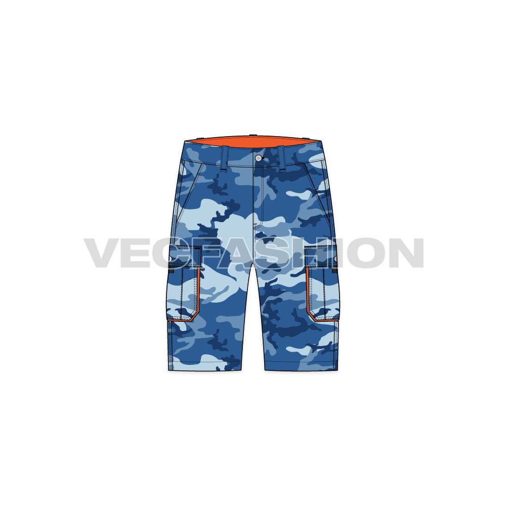 Mens camo cargo shorts flat sketch, front view