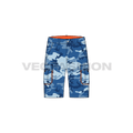 Mens camo cargo shorts flat sketch, front view