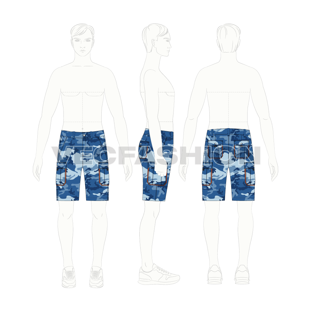 Mens camo cargo shorts flat sketch, croqui sketch