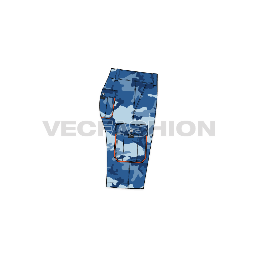 Mens camo cargo shorts flat sketch, side view