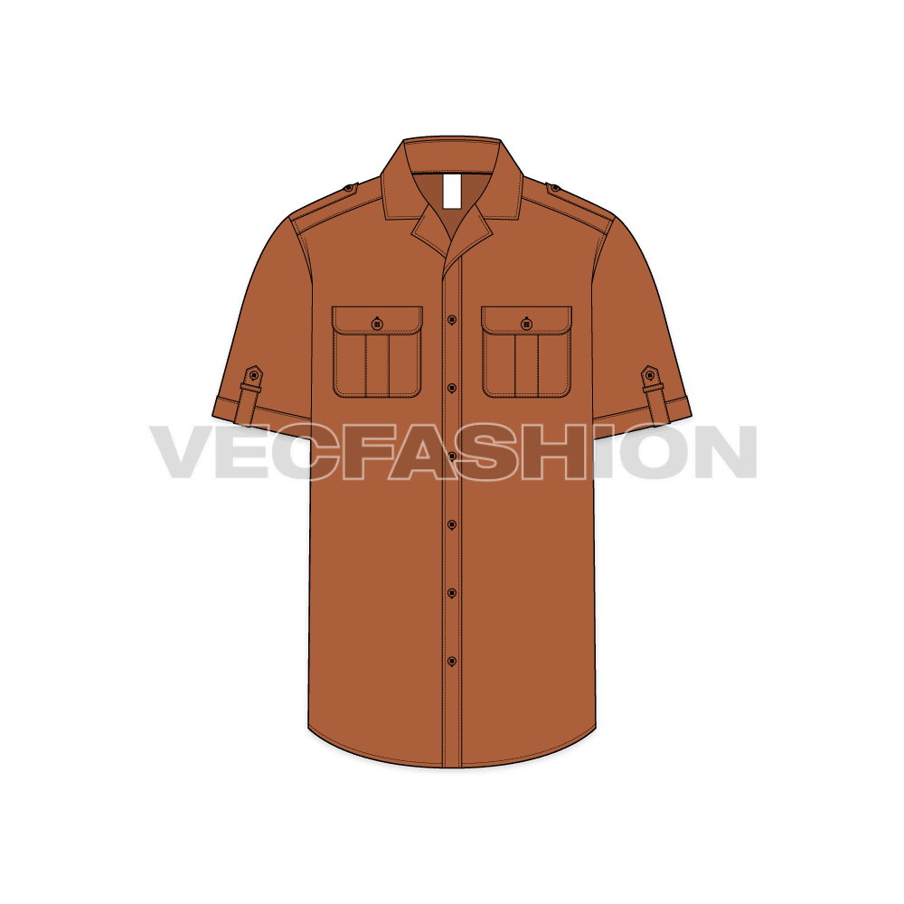 Mens camp shirt flat sketch, front view