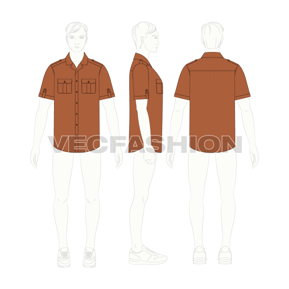 Mens camp shirt flat sketch, croqui sketch