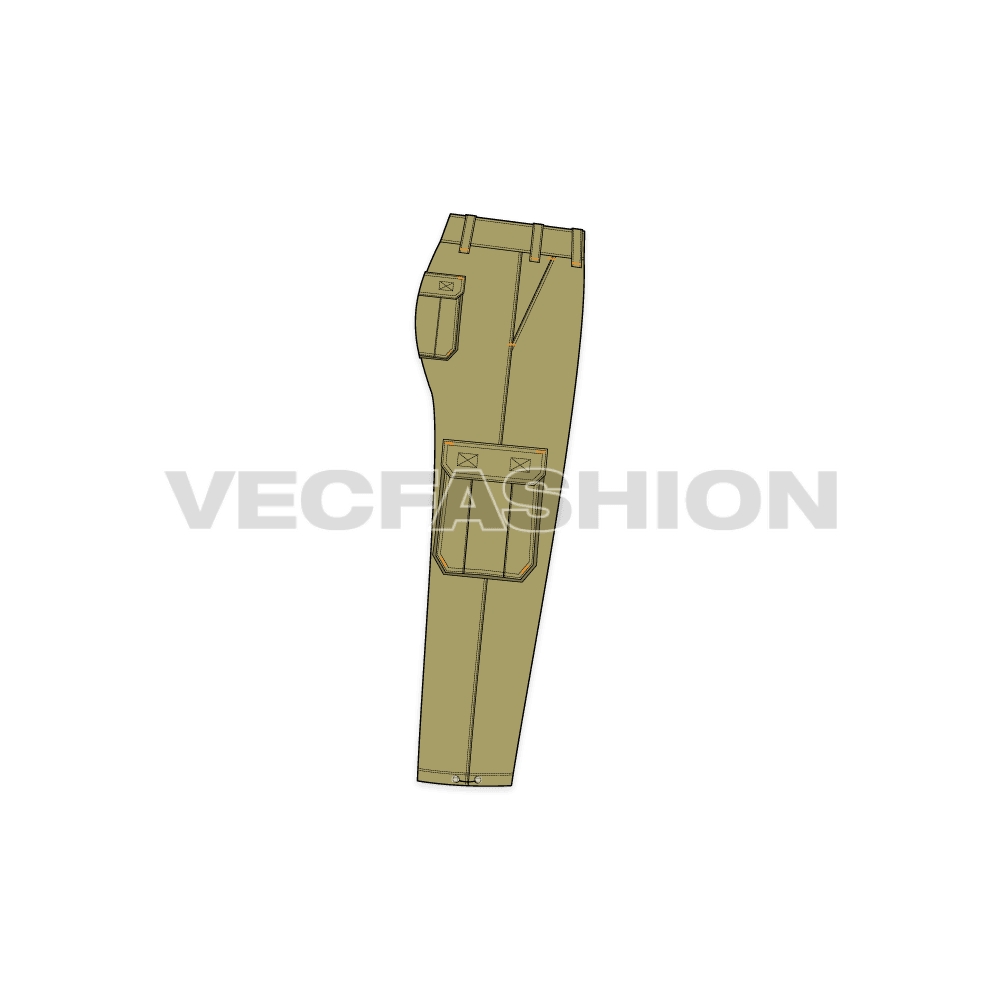 Mens capri length cargo pants flat sketch, side view