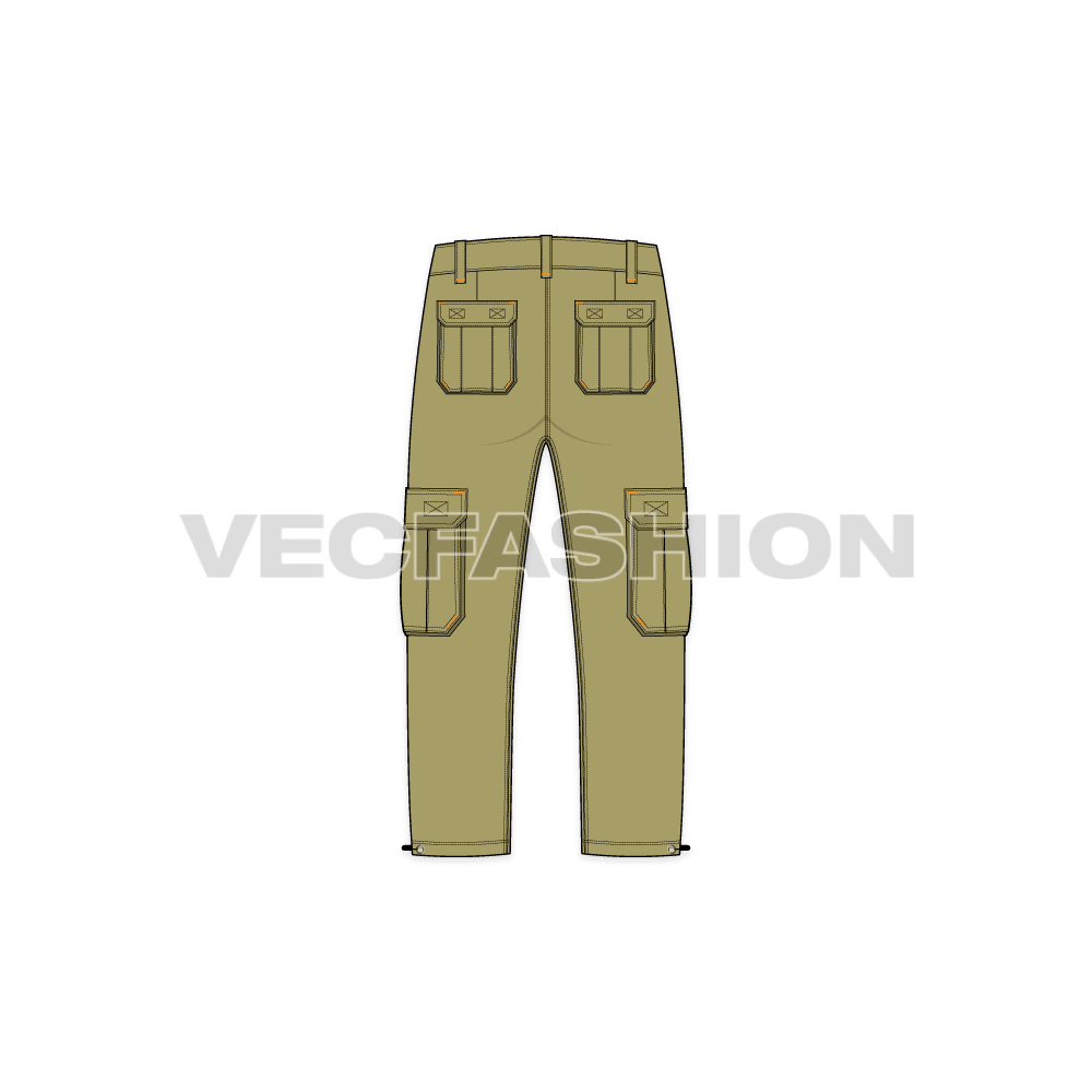 Mens capri length cargo pants flat sketch, back view