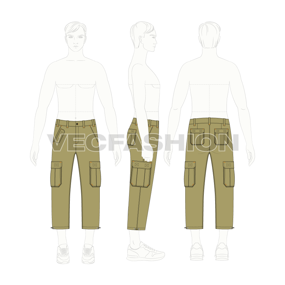 Mens capri length cargo pants flat sketch, croqui sketch