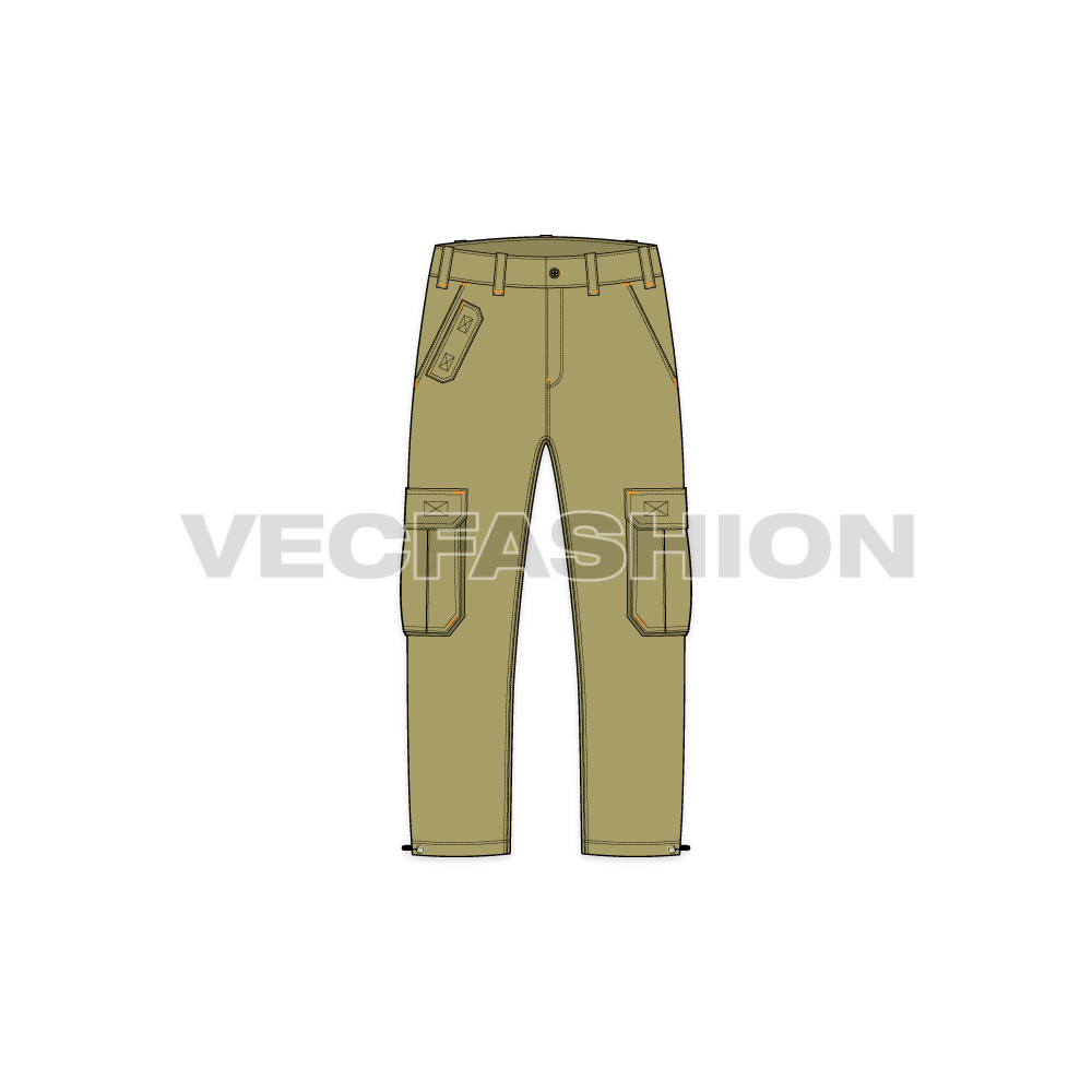 Mens capri length cargo pants flat sketch, front view