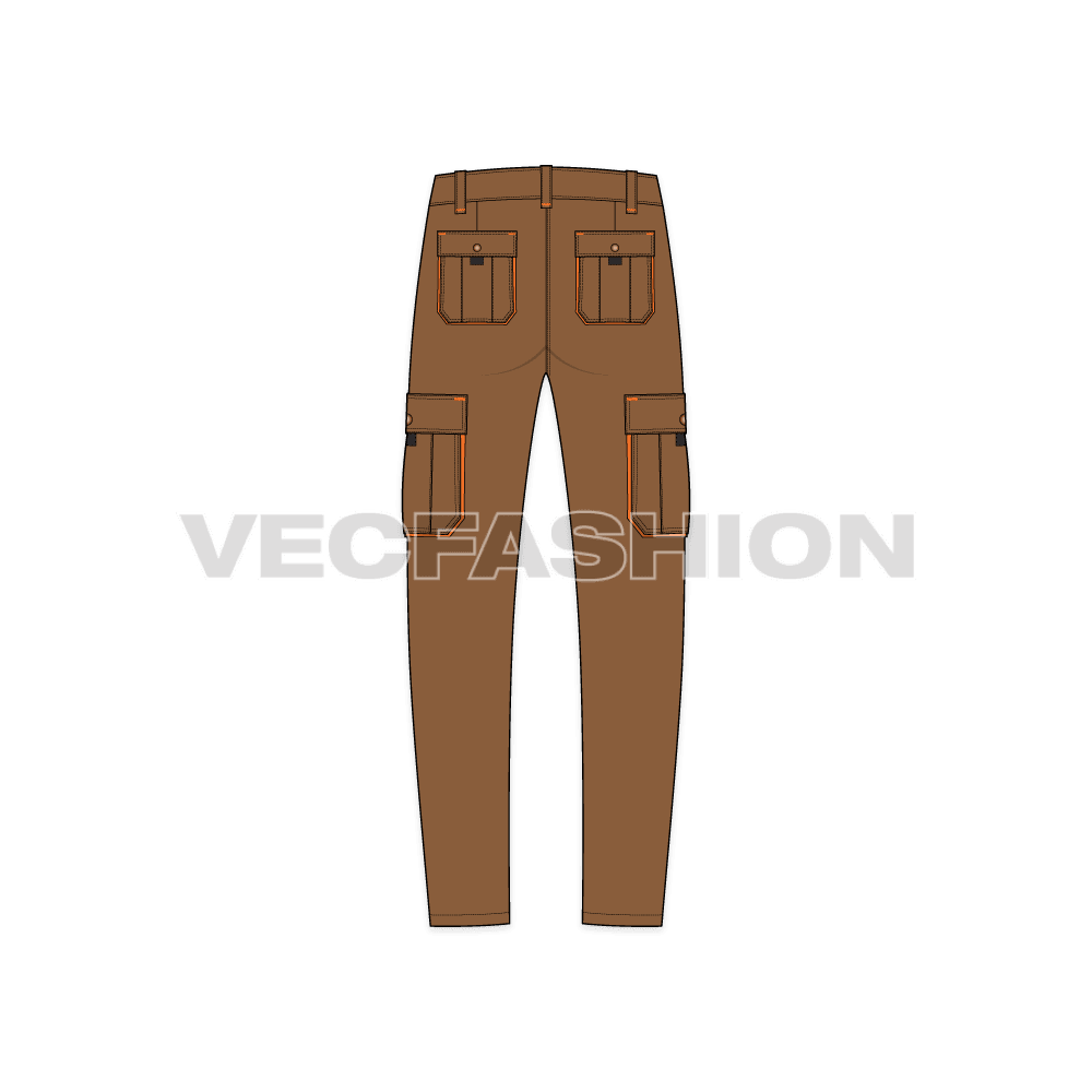 Mens cargo pants flat sketch, back view