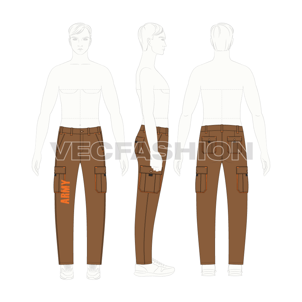 Mens cargo pants flat sketch, croqui sketch