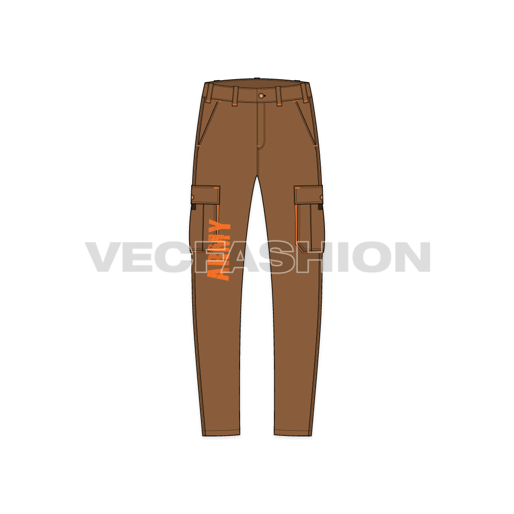 Mens cargo pants flat sketch, front view
