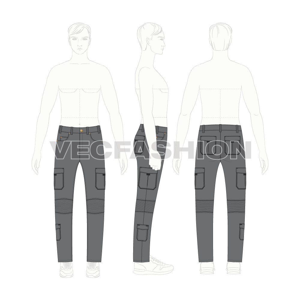 Mens cargo pants template flat sketch, croqui sketch
