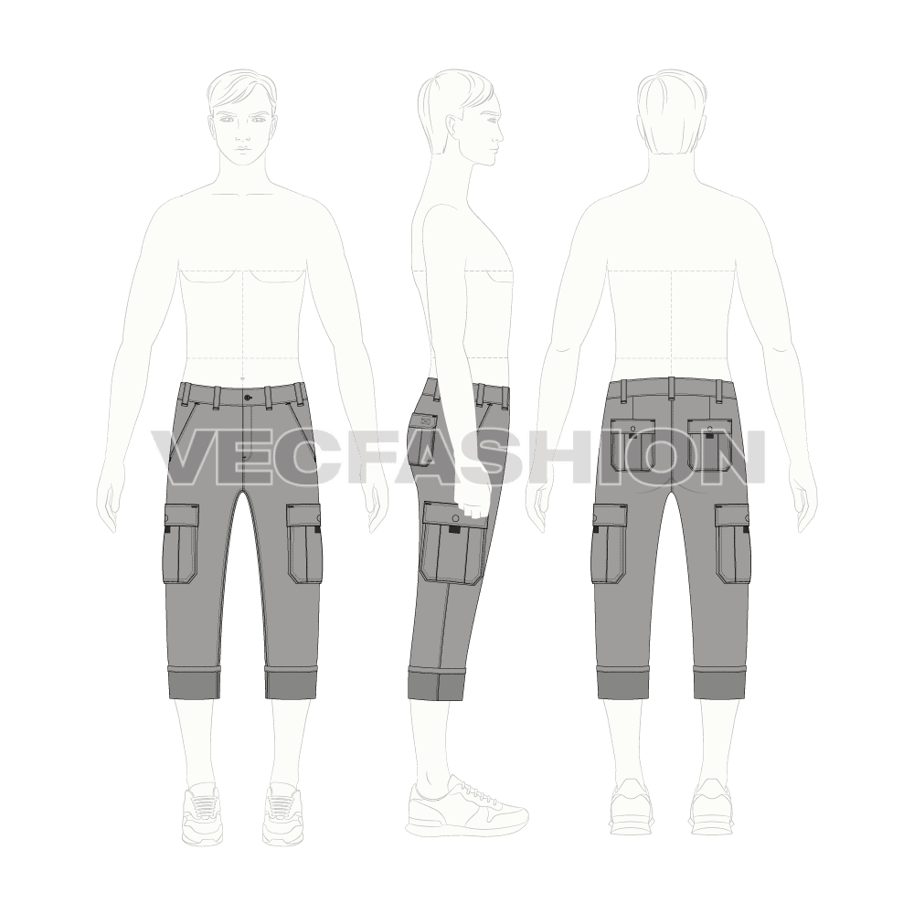Mens cargo pants with turn-up cuffs flat sketch, croqui sketch