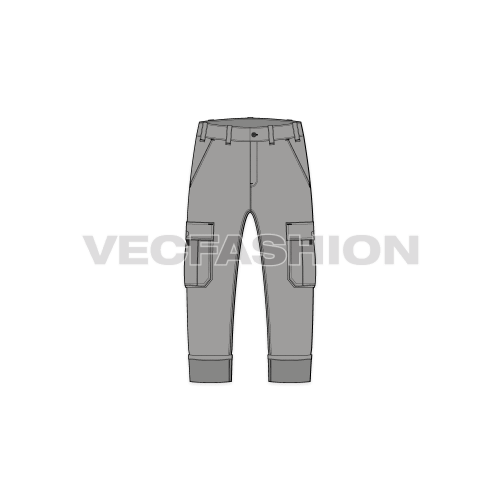 Mens cargo pants with turn-up cuffs flat sketch, front view