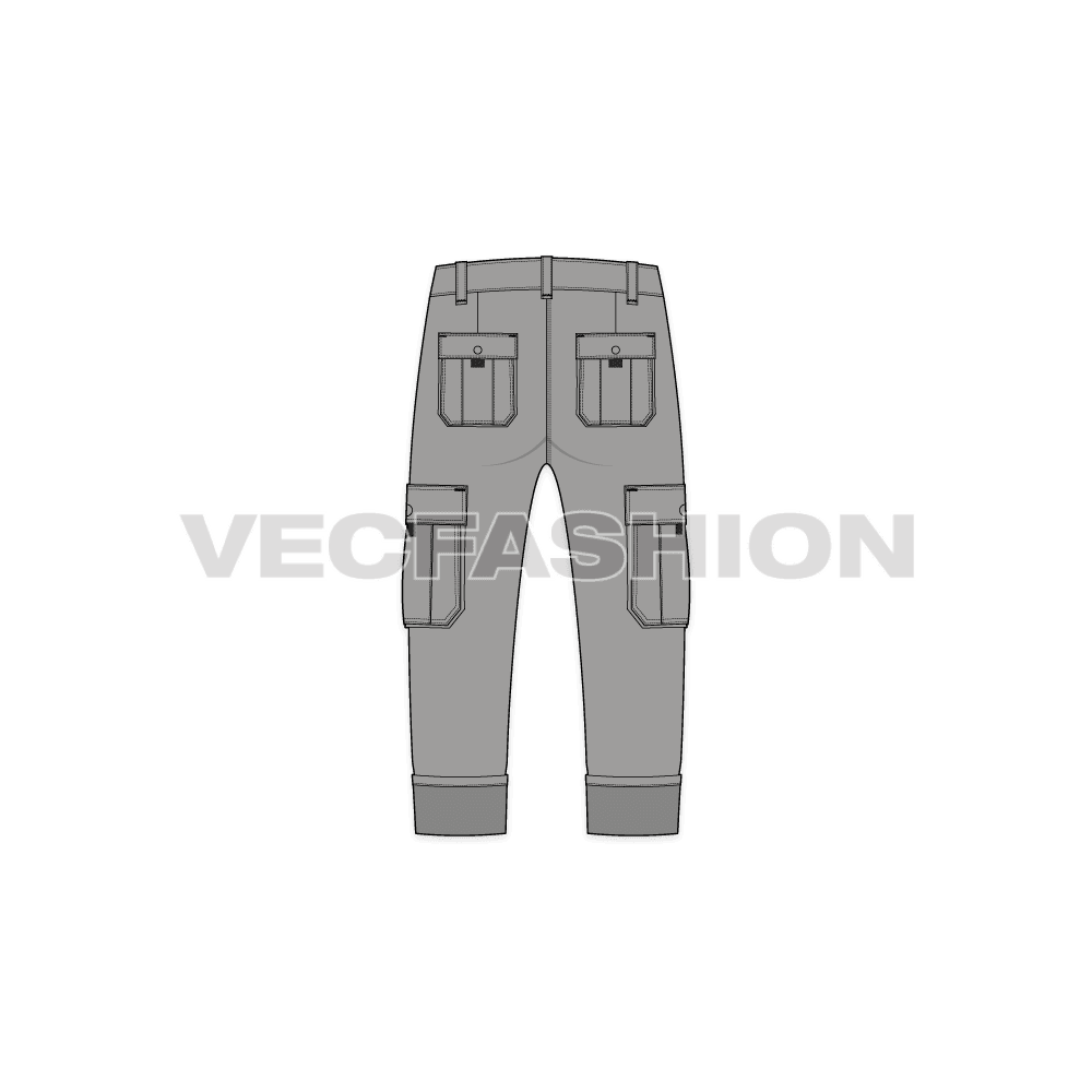 Mens cargo pants with turn-up cuffs flat sketch, back view