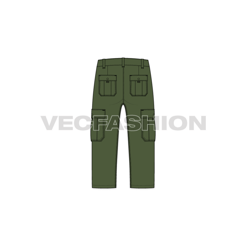 Mens cargo shorts below knee flat sketch, back view