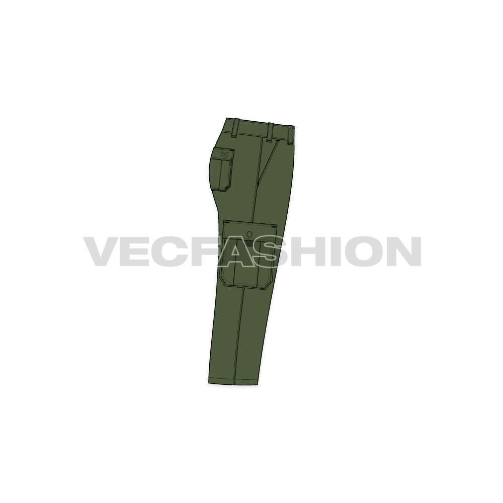 Mens cargo shorts below knee flat sketch, side view