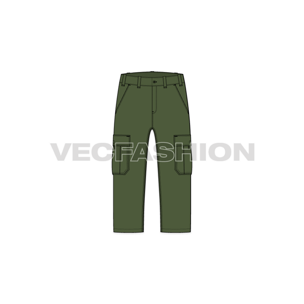 Mens cargo shorts below knee flat sketch, front view
