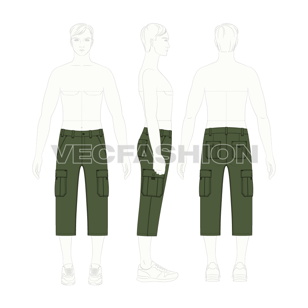 Mens cargo shorts below knee flat sketch, croqui sketch