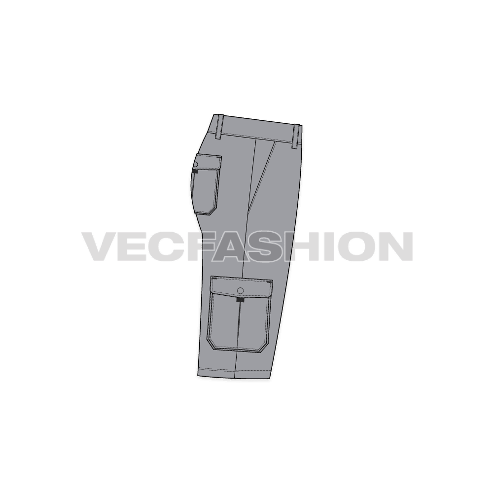 Mens cargo shorts bermuda length flat sketch, side view