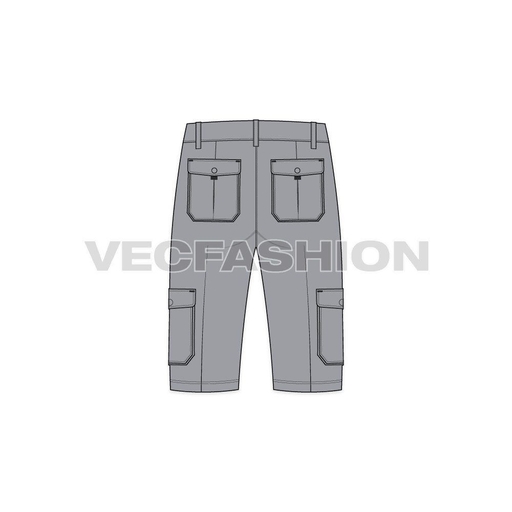 Mens cargo shorts bermuda length flat sketch, back view