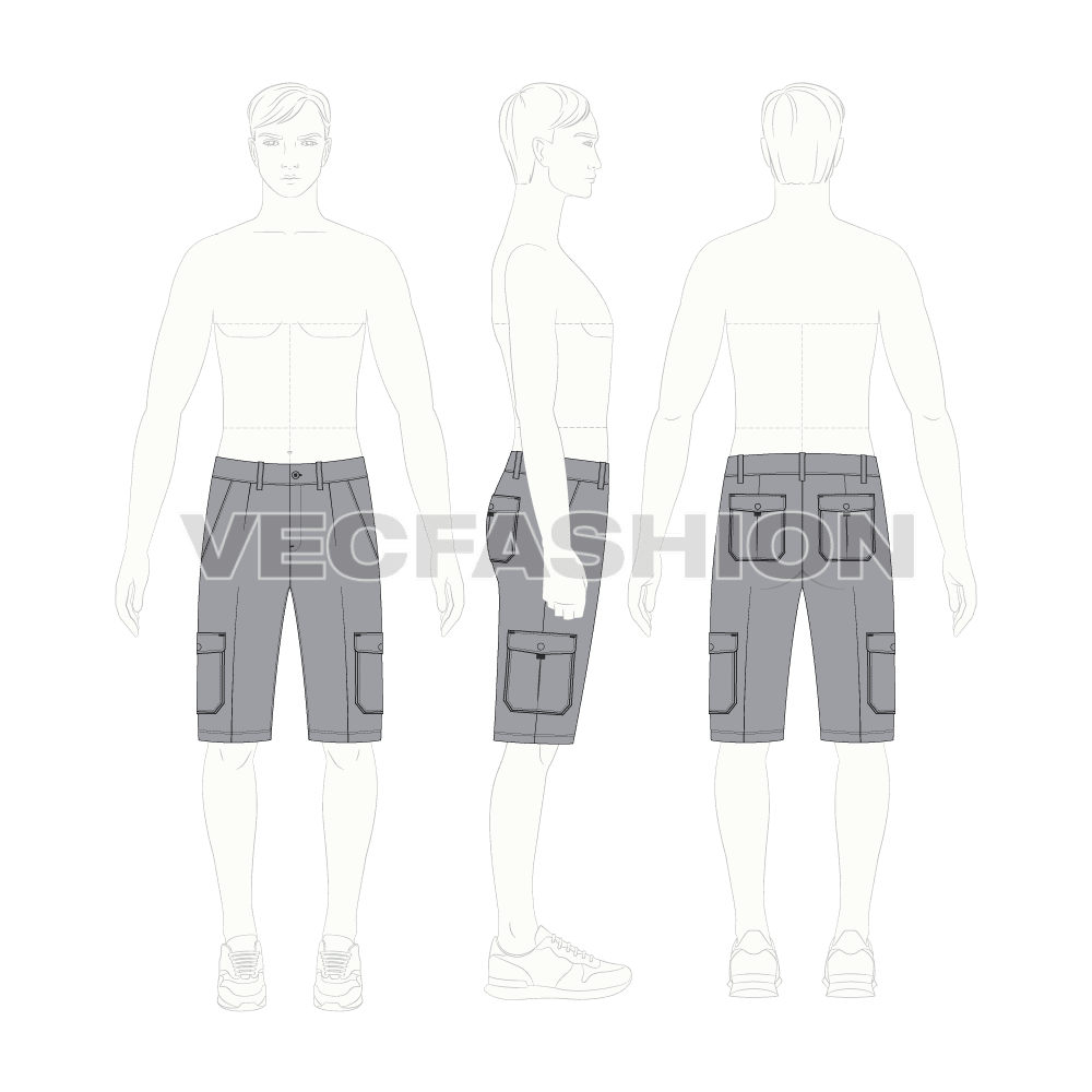 Mens cargo shorts bermuda length flat sketch, croqui sketch