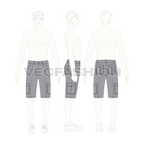 Mens cargo shorts bermuda length flat sketch, croqui sketch