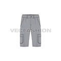 Mens cargo shorts bermuda length flat sketch, front view