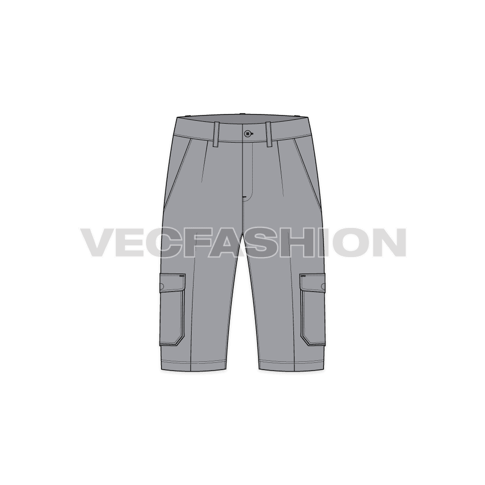 Mens cargo shorts bermuda length flat sketch, front view