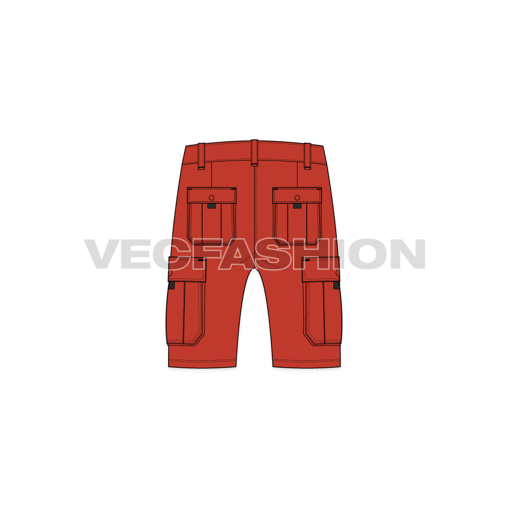 Mens cargo shorts mid thigh length flat sketch, back view