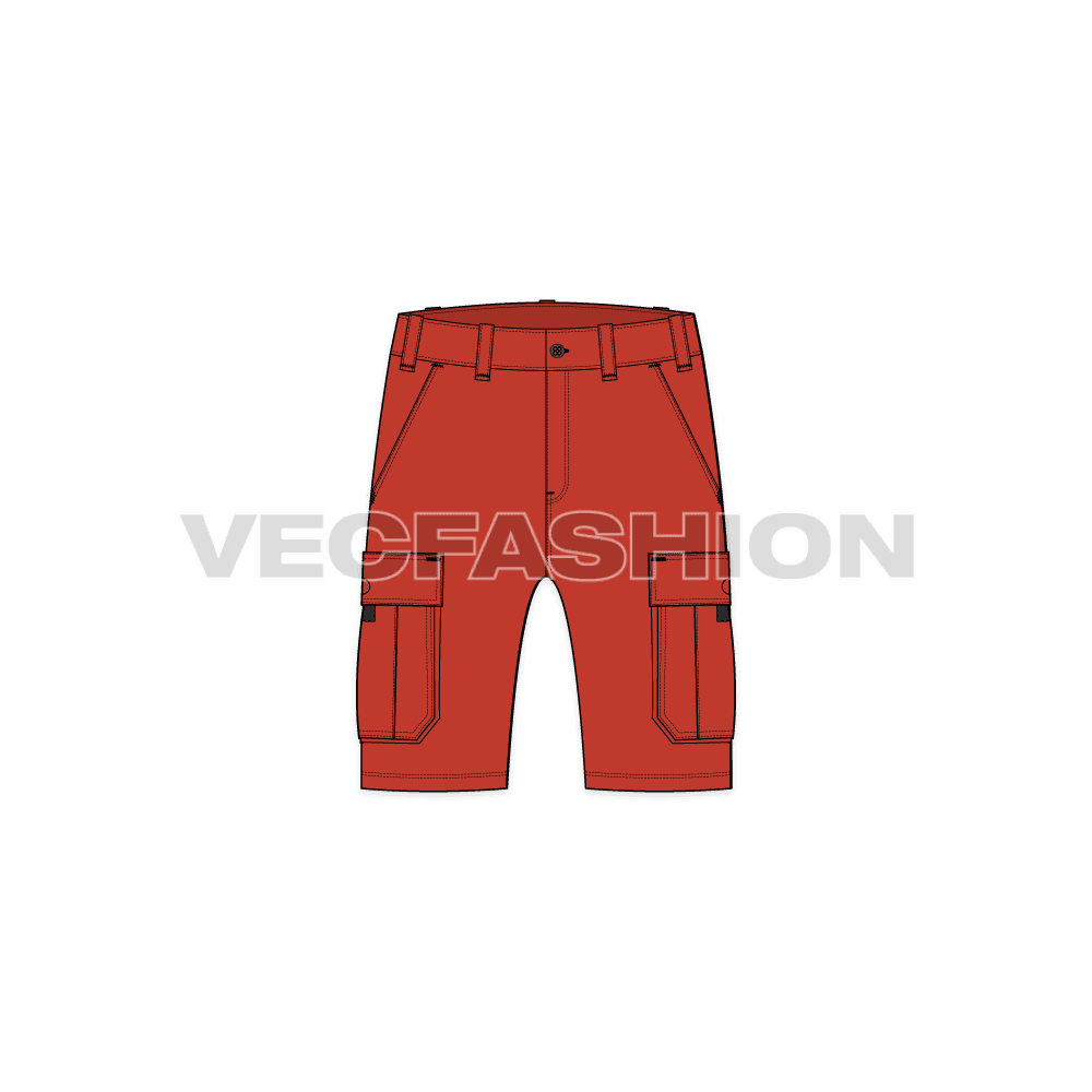 Mens cargo shorts mid thigh length flat sketch, front view