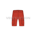 Mens cargo shorts mid thigh length flat sketch, front view