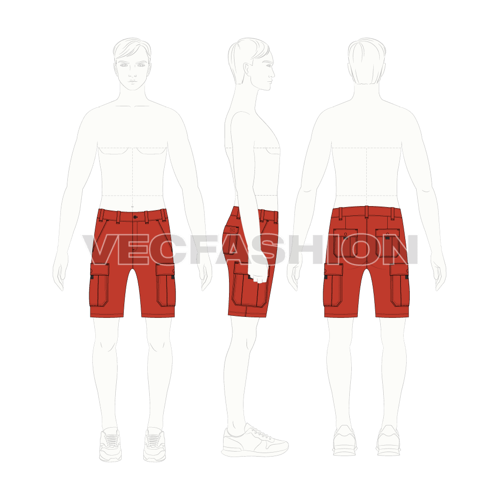 Mens cargo shorts mid thigh length flat sketch, croqui sketch