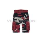 Mens cargo shorts with camouflage print flat sketch, front view