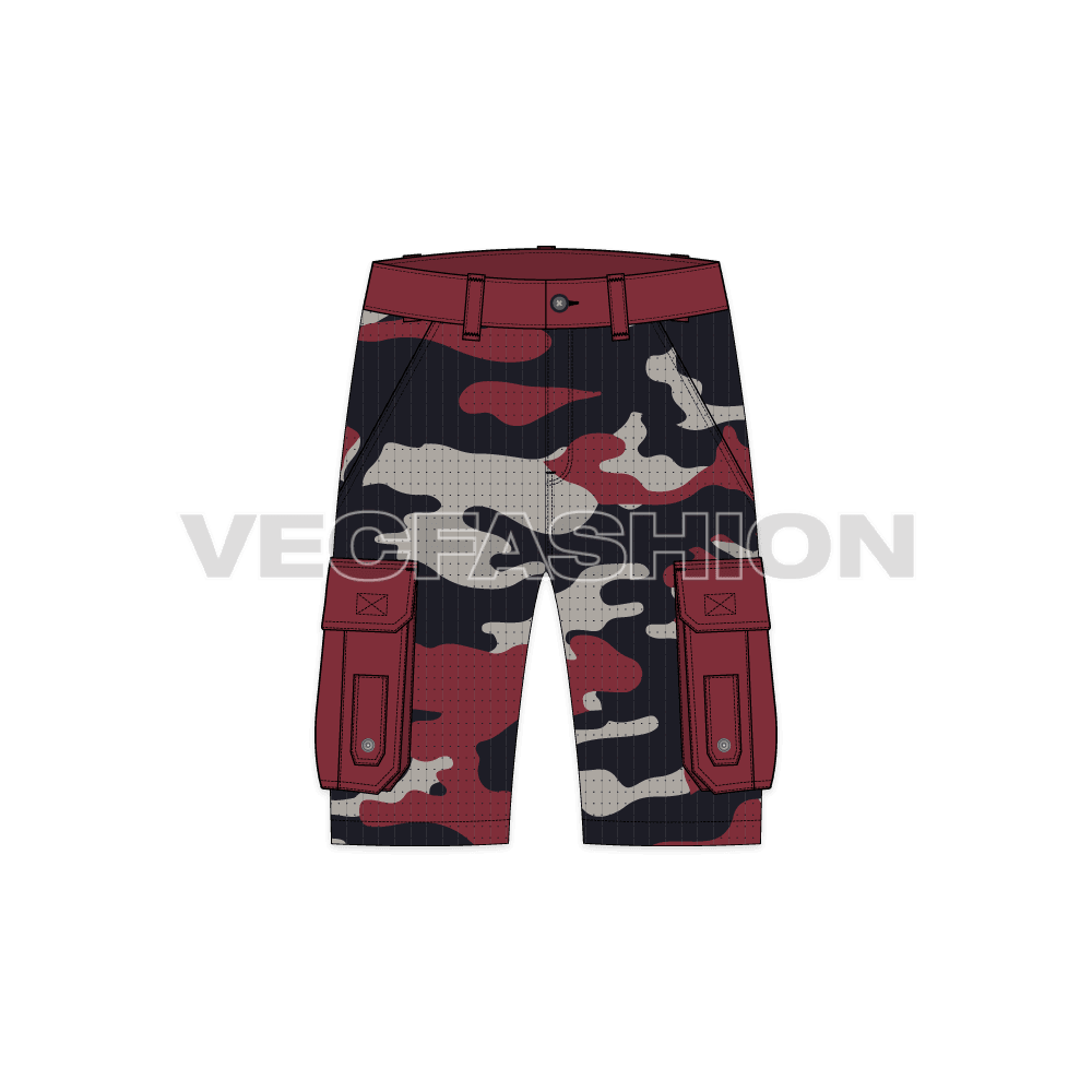 Mens cargo shorts with camouflage print flat sketch, front view
