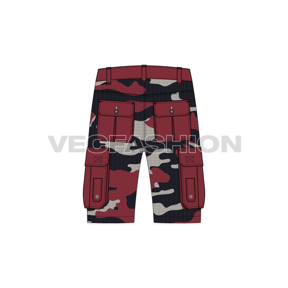 Mens cargo shorts with camouflage print flat sketch, back view